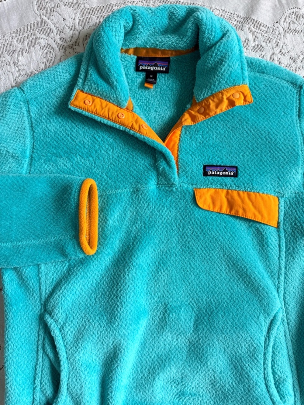 Patagonia Women’s Re-Tool‎ Teal Fleece pullover Jacket with Yellow Accent Medium